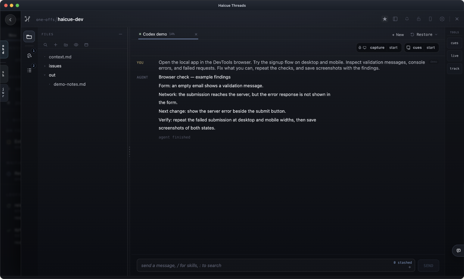 A sample browser-check report in Haicue, separating form behavior, console and network findings, and verification steps.