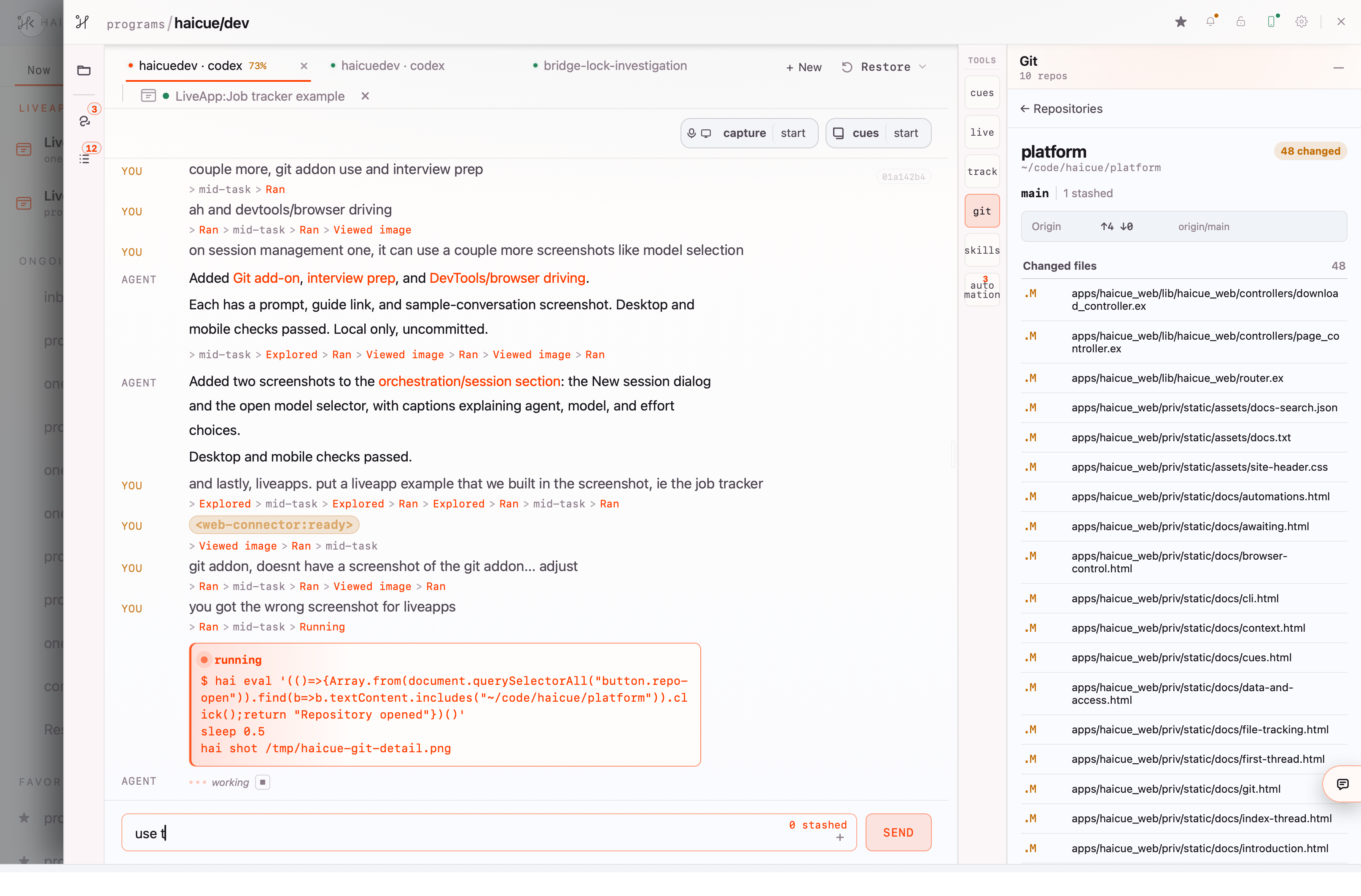 A real Haicue development session beside the Git add-on, showing the platform repository’s branch state and modified website files.