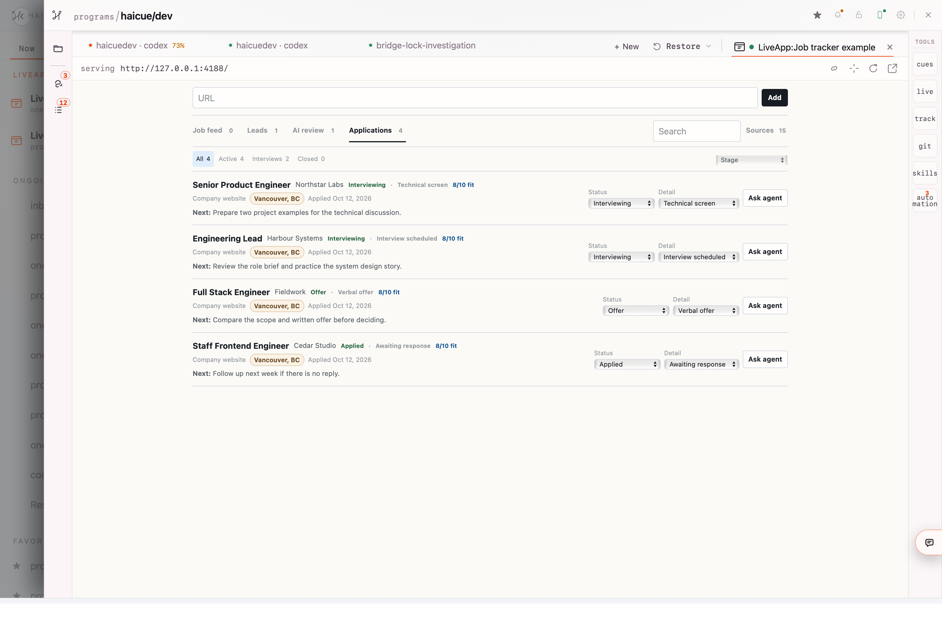 The job tracker running in a Haicue LiveApp tab, showing sample applications, interview stages, next actions, and Ask agent buttons.