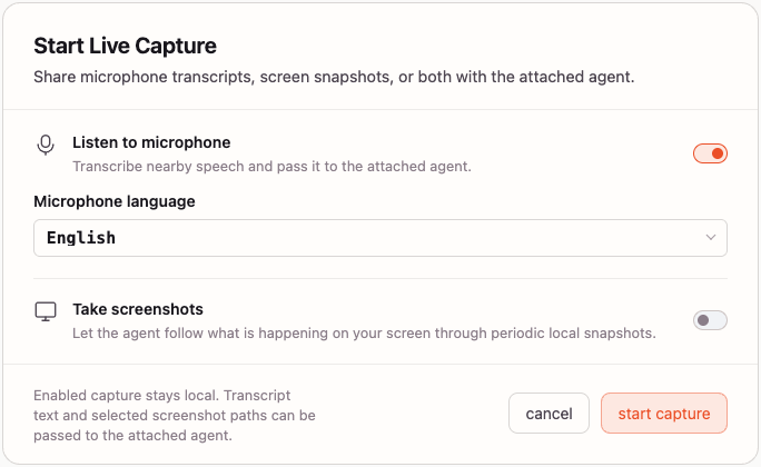 Start Live Capture with microphone listening enabled, English selected, and screenshots disabled.