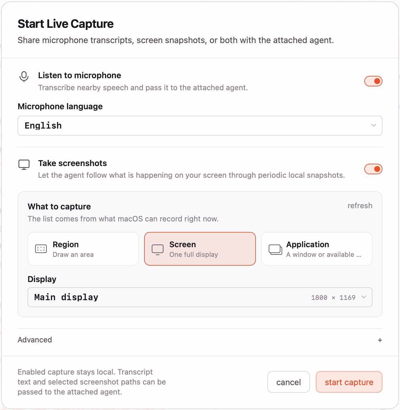 Start Live Capture with microphone and screenshots enabled, showing Region, Screen, and Application choices.