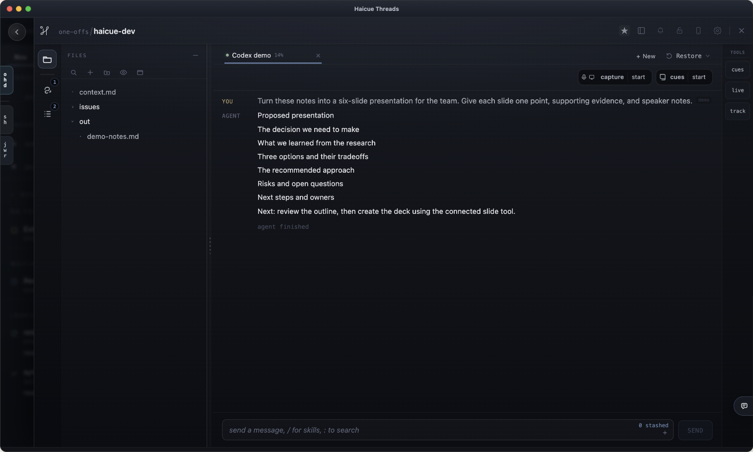 An example six-slide outline, ready to review before creating the deck through a connected tool.