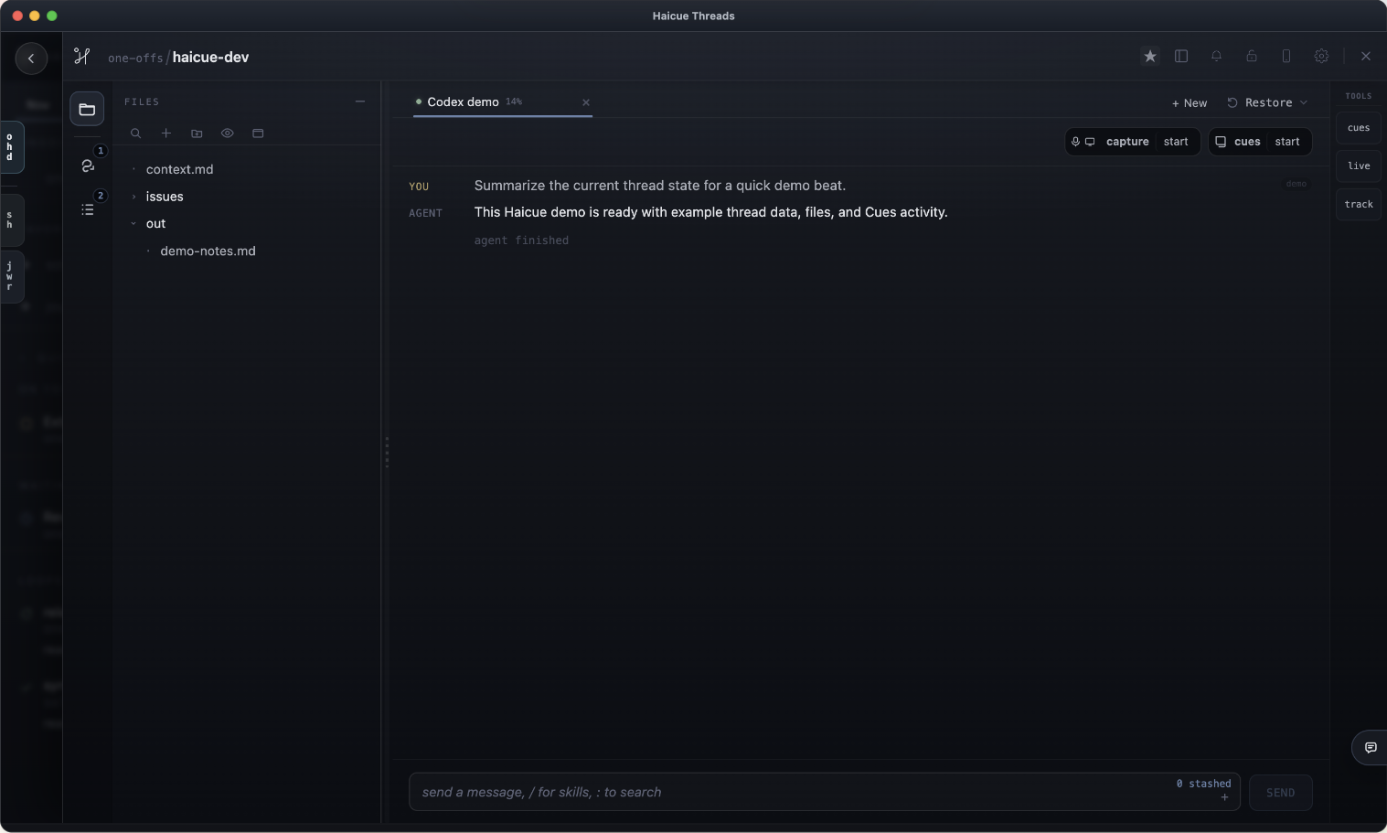 Haicue thread with context.md, an output folder, and a Codex conversation side by side.
