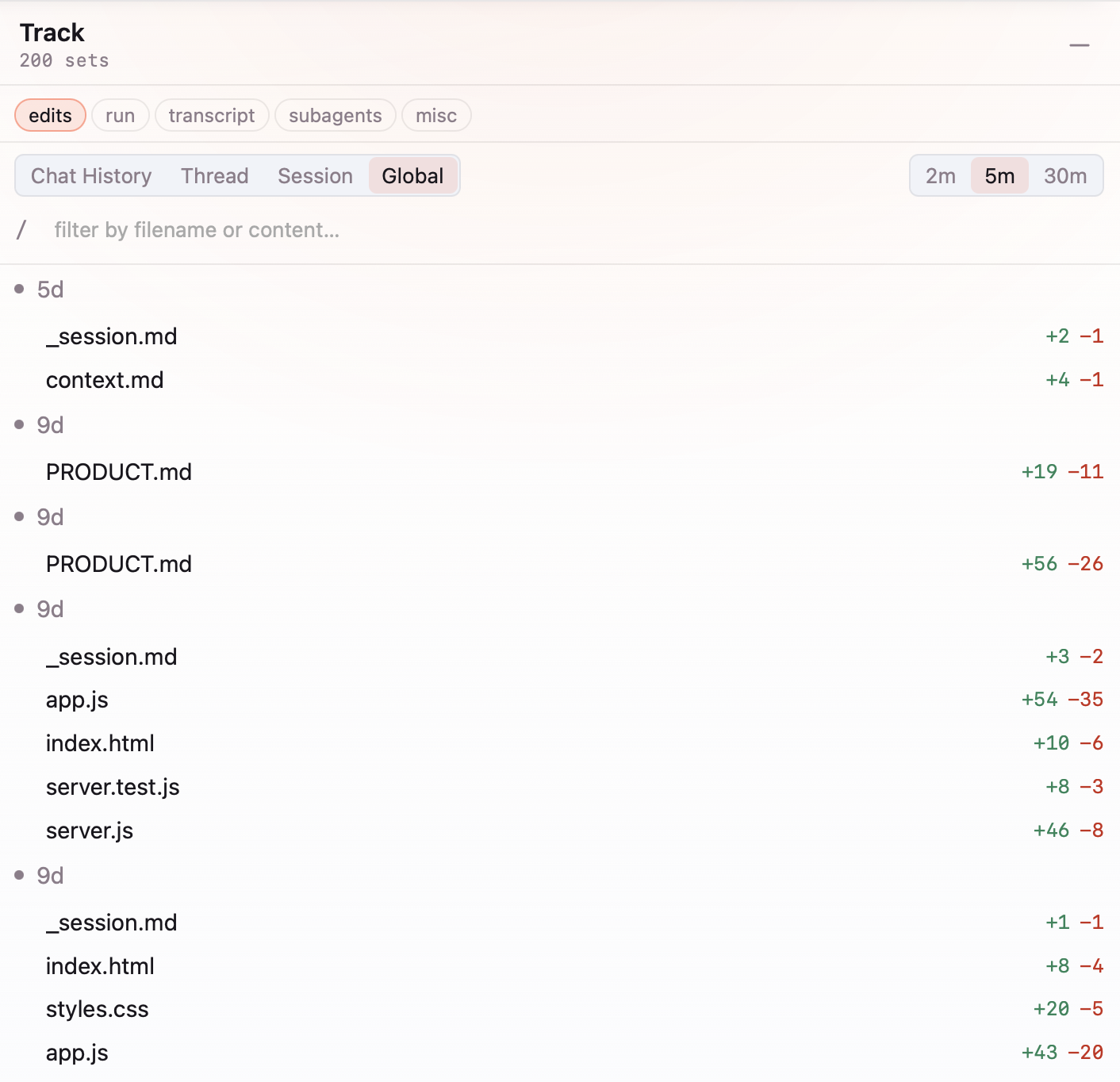 Track showing the Edits filter and Global scope, with time-grouped changes to context.md, PRODUCT.md, and application files, including added and removed line counts.